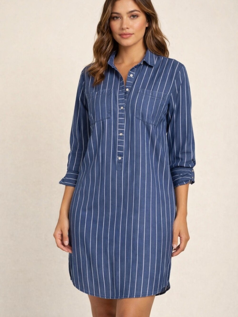 Given Kale Striped Shirt Dress Size L Blue White Long Sleeve